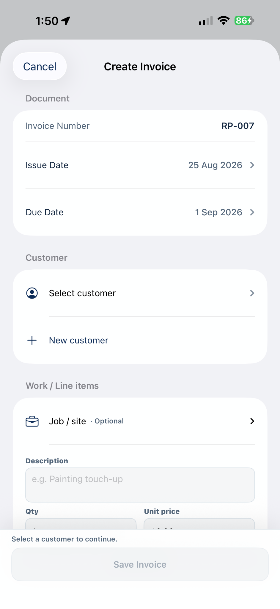 Create invoice screen
