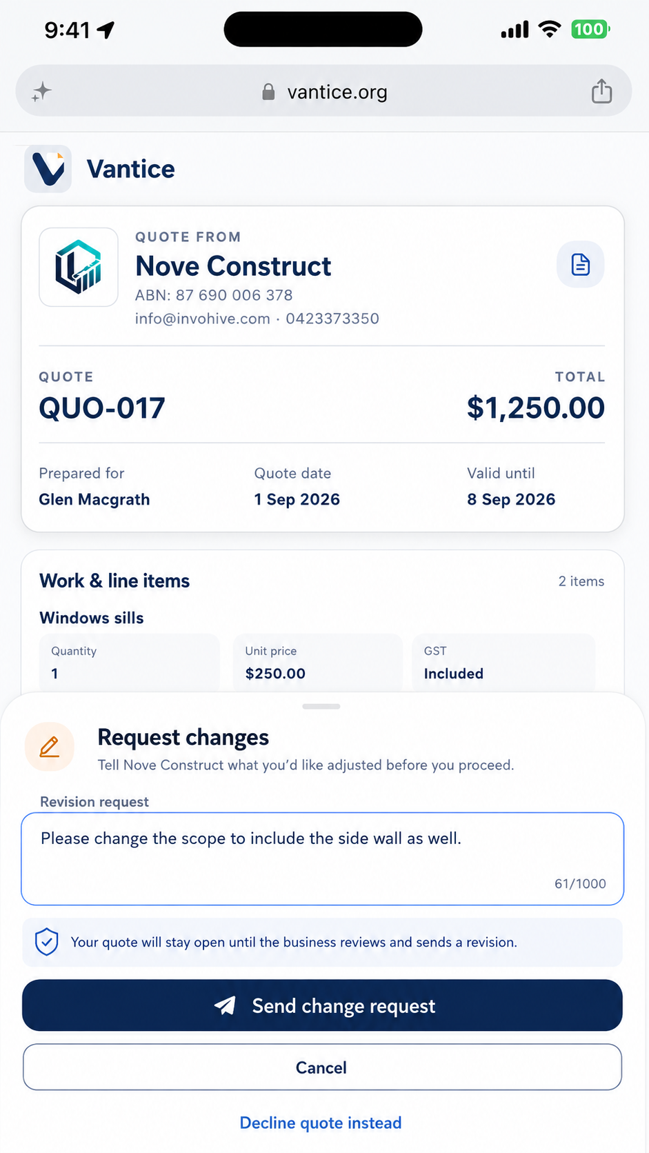Vantice secure quote change request screen