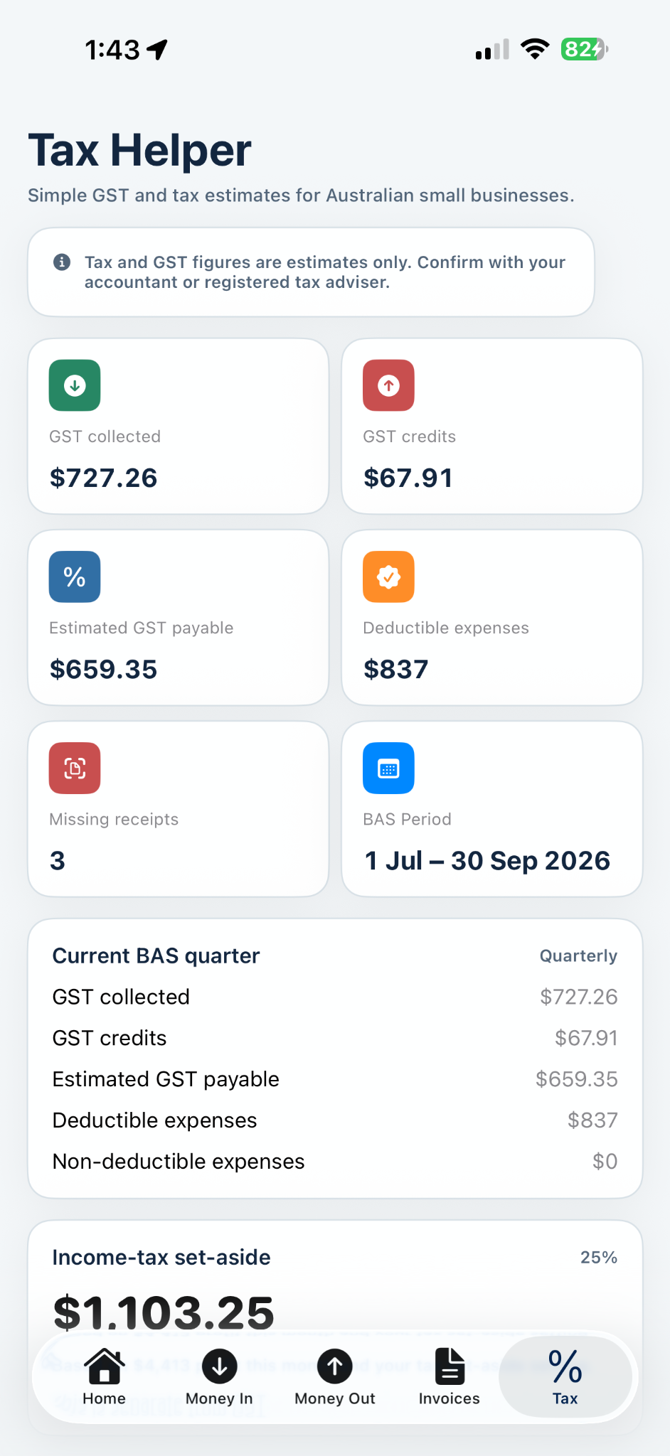 Tax Helper screen
